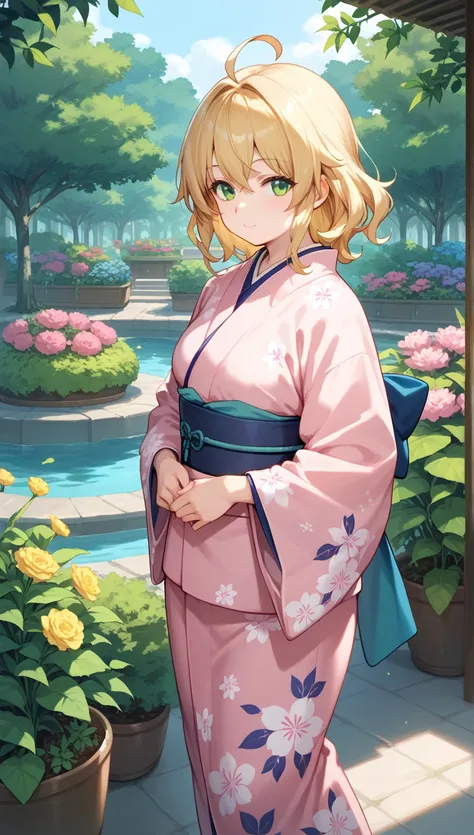 Shiemi Moriyama(Blue Exorcist) ,blonde hair,silky hair,medium hair,pink kimono,green eyes,1girl,plump,round face,in garden,ahoge,schop