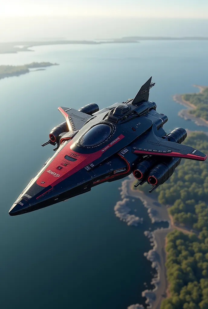 The new triangular Black and red Valchiria Class UC Freja, hovering above Danube Delta landscape, with its 
 antigravitational system and hyper-tech lvl.4 tech on Kardashian scale 