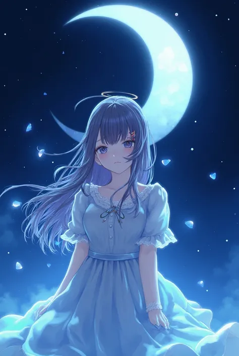 Soft anime, beautiful girl,, long hair, floating hair, glowing hair, 
 night scene,moon in the sky,,starry night,dreamlike atmosphere,glowing edges,mystical,high contrast,ethereal light,,light particles,