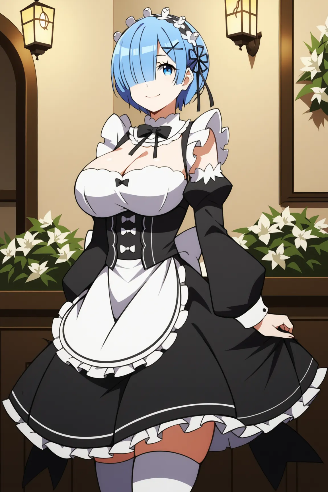  score_9,  score_8_up,  score_7_up,  source_anime, Rem,(big breasts:1.6),  blue eyes,  Lantern,  hair over one eye , hair ribbons,  short hair, x hair ornaments close to the garden, apron, black bow, black  dress, black ribbons, bow, detachable sleeves,  d...