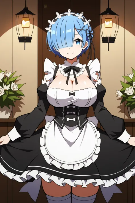  score_9,  score_8_up,  score_7_up,  source_anime, Rem,(big breasts:1.6),  blue eyes,  Lantern,  hair over one eye , hair ribbons,  short hair, x hair ornaments close to the garden, apron, black bow, black  dress, black ribbons, bow, detachable sleeves,  d...