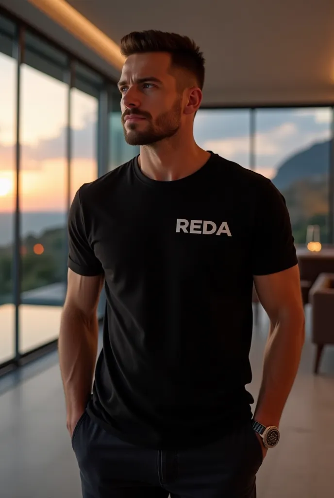 Imagine un homme riche, bien habillé, dans une immense villa moderne. Il porte un tee-shirt noir de marque avec "REDA" écrit en lettres stylées sur la poitrine. Son pantalon est élégant, peut-être un jean haut de gamme ou un pantalon de costume décontracté...