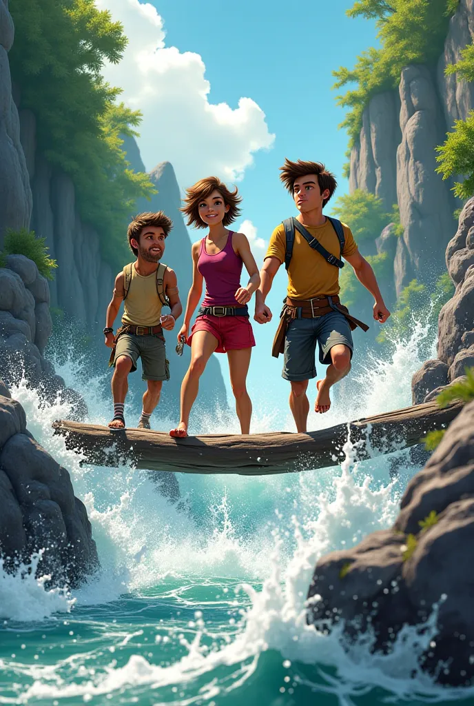 The three friends are trying to cross a fast-flowing river. Have a view of the flow of water and a bridge of rocks or wood, a glimpse of determination and courage in friends.
