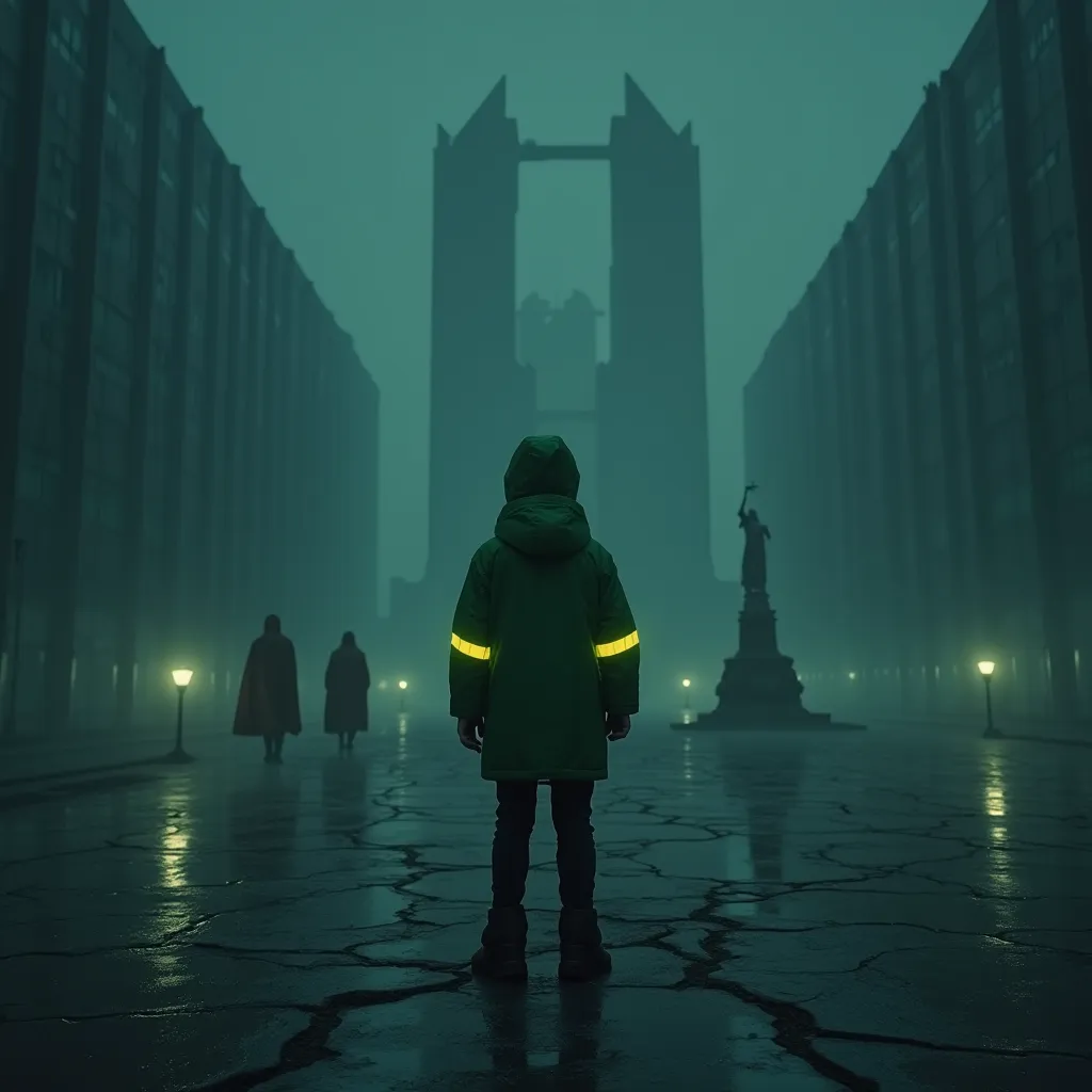 
The boy stands in the cold, oppressive darkness, his back to the viewer, wearing a green jacket with yellow reflective tapes running along the sleeves. He’s positioned in a vast, lifeless expanse, devoid of any streets or pathways—just a barren, industria...