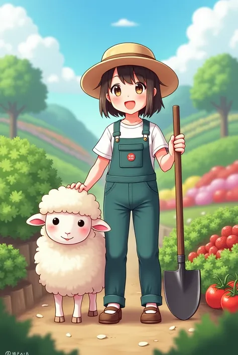 Cute Sheep　I have vegetables　 logo　Anime-like　Show me my overalls　Let me hold a hoe too