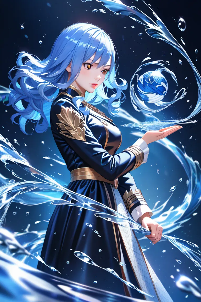 4K, ultra-detailed, highly detailed, hyper-realistic, masterpiece, best quality, intricate details, Juvia Lockser from Fairy Tail, sans headdress, gracefully raising her arm as a swirling sphere of water forms above her palm, with droplets swirling around ...