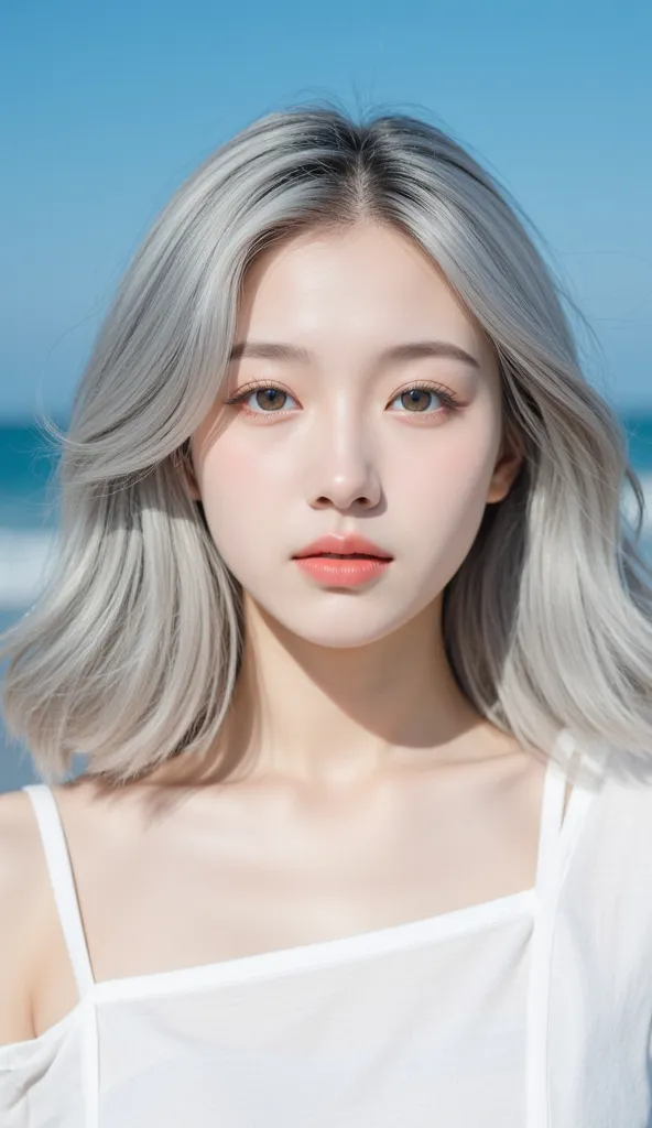  Japanese girl with silver hair who has beautiful white skin、A beautiful, delicate body with white skin、The height is petite and the waist is thin、Wavy Medium Hair、white blouse、naked、Beautiful small face 、 D cup breasts、No tattoos 、 don't grow pubic hair、A...