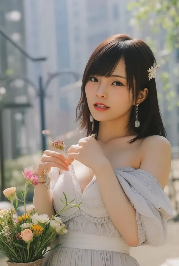  super real , photorealistic, Nipples、 dramatic scenes around , shadow, global illumination, 1 girl\( beautiful20歳の日本人の女の子 , beautiful ,,  slightly open mouth \), Mr.々What kind of flower looks like it's in full bloom , is wrapped in a dreamy atmosphere,