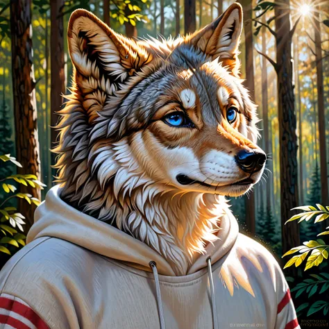 light grey white furre wolf, short hair, is wearing a white hoodie with red striped patterns, Blue eyes