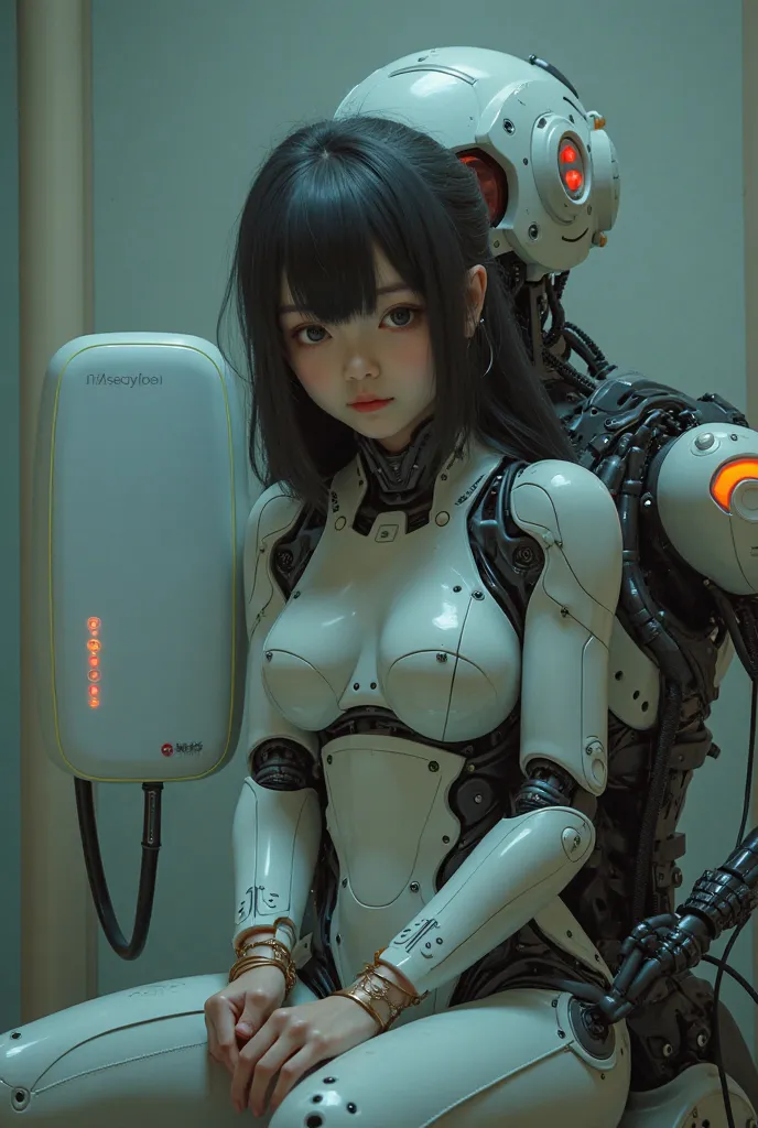 8k,  top quality, (Photographically:1.5), ( realistic, photo realistic:1.37),  Japanese girl, (sitting mechanical charging machine and charging cable), (Android like a human), (The whole body is a robot joint:1.2), (wiring), Dieselpunk Cyborg,  Masterpiece...