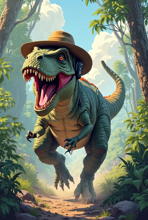 Make an image of a dinosaur running and listening to music with a hat on
