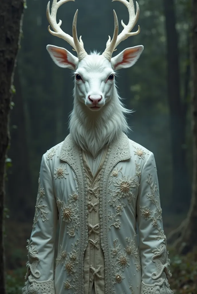 a full-length white deer furry character with fancy clothes and a mysterious vibe