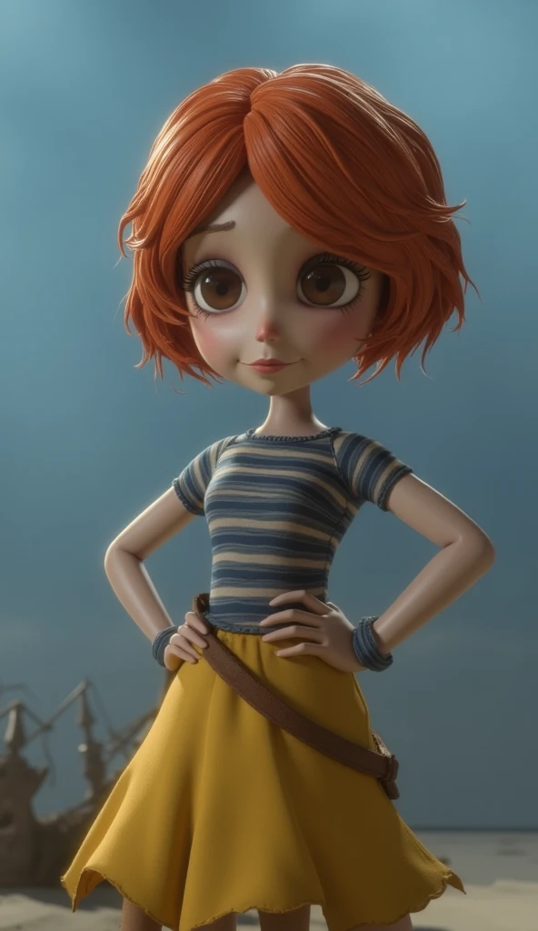 nami, 1girl, short hair, orange hair, solo, striped shirt, yellow skirt, looking at viewer, smile, brown eyes, upper body,hand on own hip,smile, score_9,beach,pirate ship score_8_up, score_7_up, score_6_up , use The color palette is a mix of muted blues an...