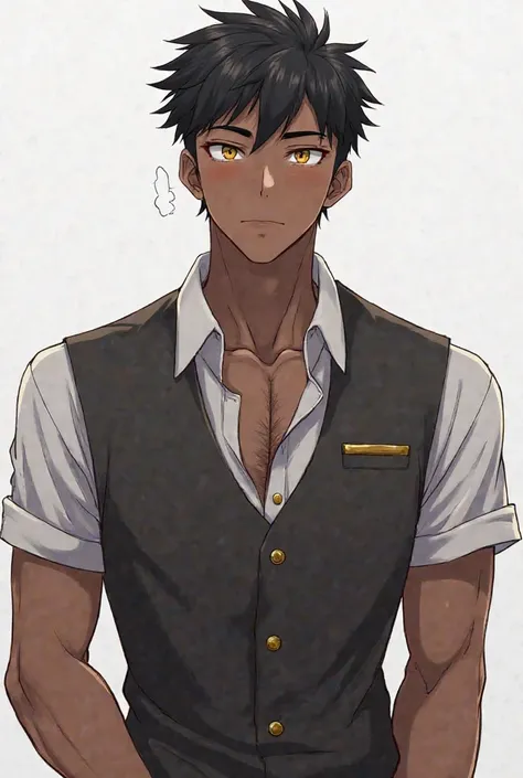   anime character plate ：Guy, Muscular body type,  Black Skin, 1 dark skin tough guy, Manliness,  male focus ,  Wearing a Vest , material ,, [mellow, Full and firm bust, Slightly transparent, muscle development male, only, Upper body, alone, Black Inch Hea...