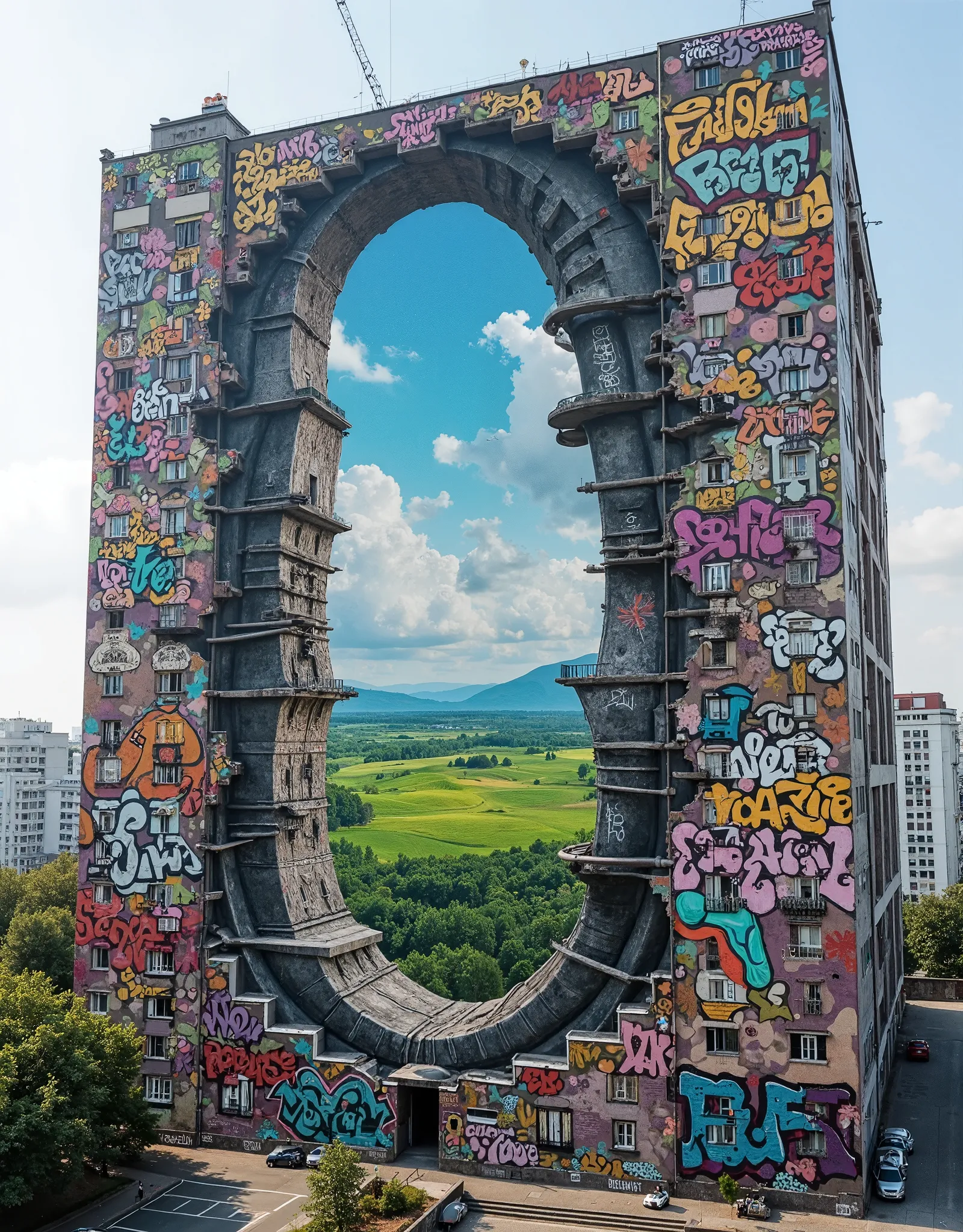 (((A masterpiece in graffiti))), cool Moderna trompe l'oeil on a palace: a cleft is represented, a rift in the wall through which you can see an endless green prairie. in large graffiti on the wall of a large apartment building /(inside the trompe l'oeil t...