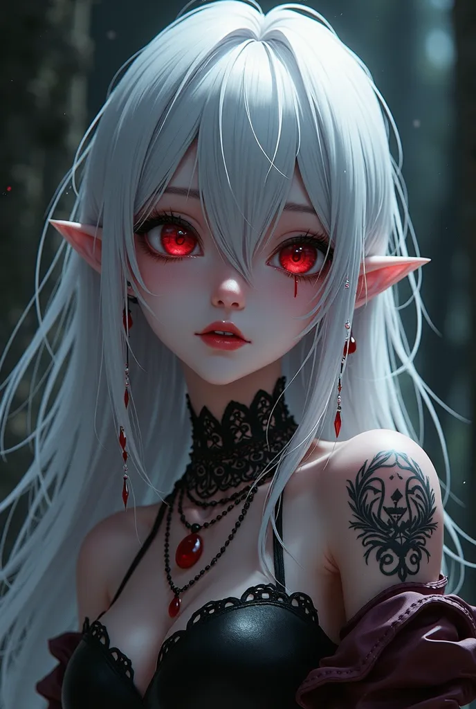 bloody vampire anime girl and white hair and red eyes with tattoo and fangs