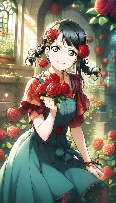 1 girl, yuki setsuna,  love live!, black hair, smile, cute, detailed, best quality， grey eyes, casual costume, in the garden, side locks, skirt, red roses, flower on hair