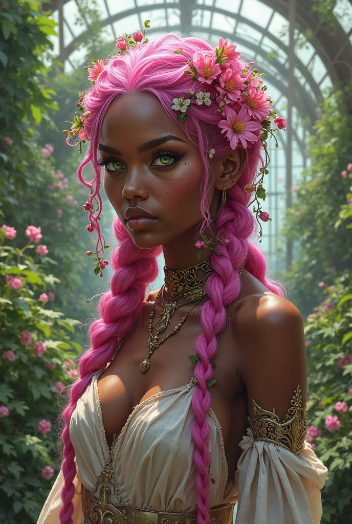 Woman with dark skin, bright pink long braided hair covered in pink flowers and vines. green eyes. Loose alchemist clothing. chest mostly exposed. In a green house