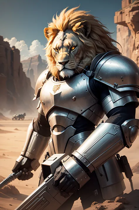 A lion in armor , In a futuristic landscape, in combat. Enjoying Your Anger.