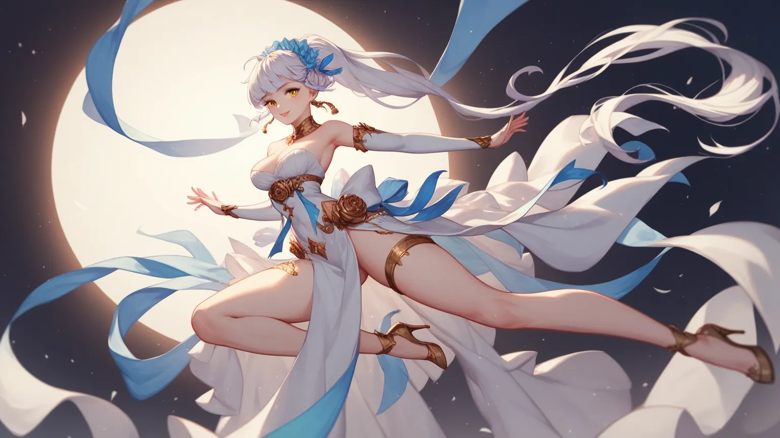 An 18-year-old girl with a long black twintail hairstyle. She has golden eyes, wearing a white summer dress, and a skyblue ribbon around her left thighs, very high resolution, highest quality, dancing, levitating, moonlight, starlight, white background