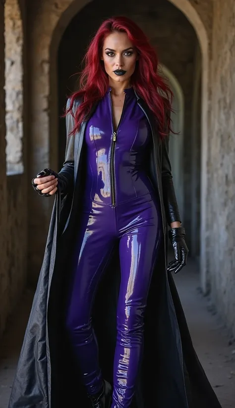 Angelina jolie, body à col montant en latex violet foncé avec fermeture éclair sur toute la longueur, Pantalon large en latex bleu clair, veste tailleur transparente en pvc noir, serre-taille latex noir, cuissardes à talons hauts noirs en vinyle, cheveux r...