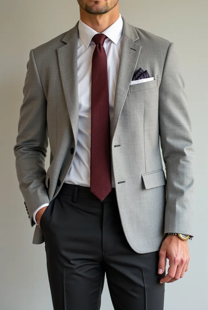 "Light gray blazer white shirt black pants maroon tie outfit"*