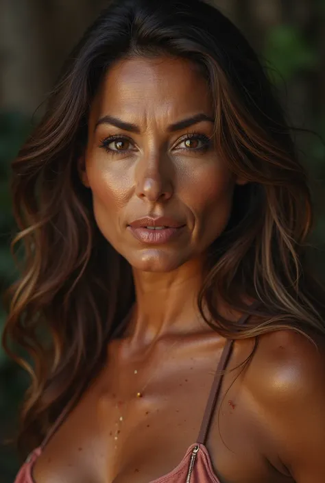 ( Photorealism :1.2),  beautiful woman, milf, 40 ans, mature, sexy,  long hair, tanned skin, big ass, realistic, douche, sueur peau