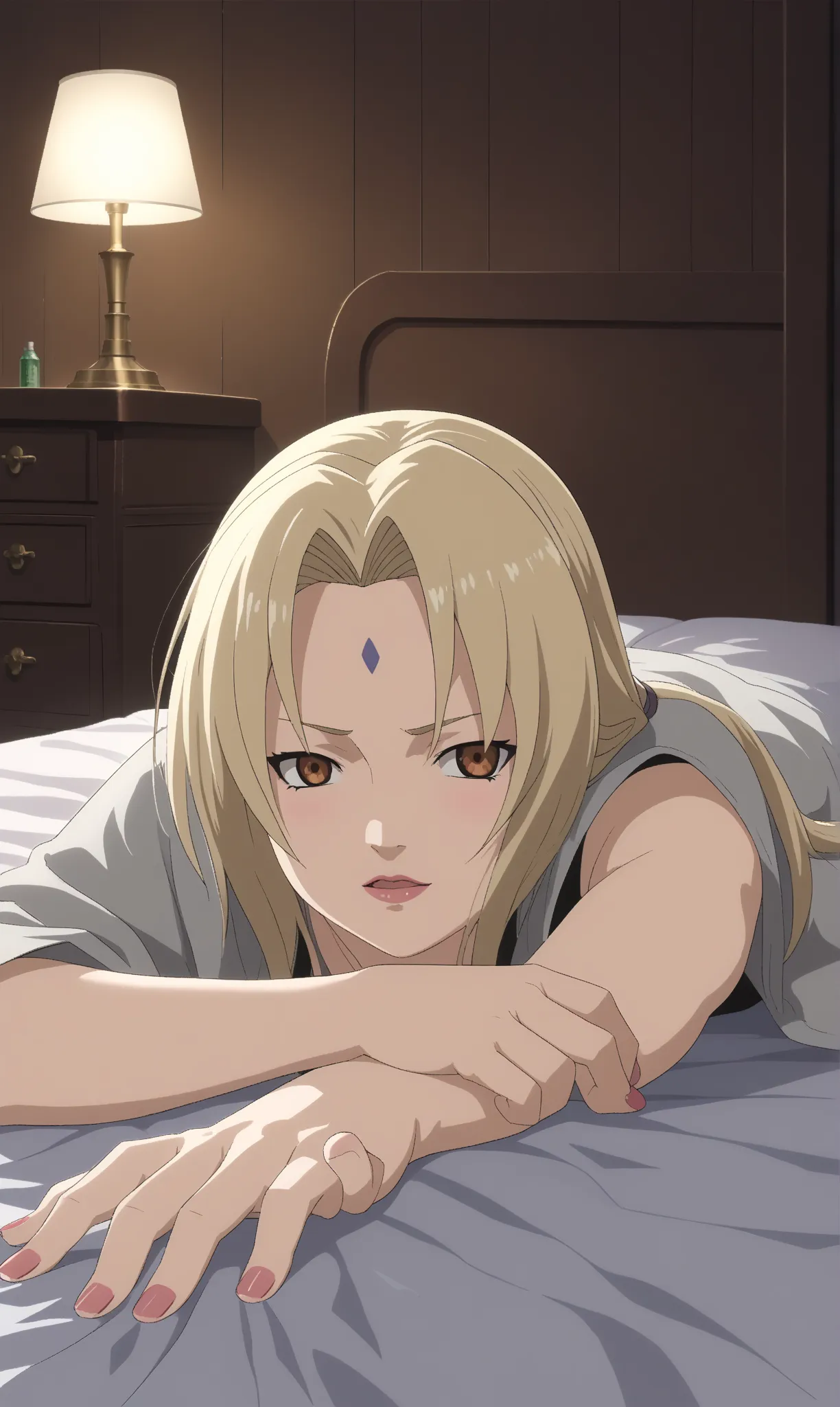  score _9,  score _8_arriba,  score _7_arriba,
"(masterpiece,  ultra detailed,  High quality:1.2), anime style,  dark room , illuminated only by The soft light of a lamp next to the bed, intimate and quiet atmosphere, Tsunade Senju sitting on the edge of t...