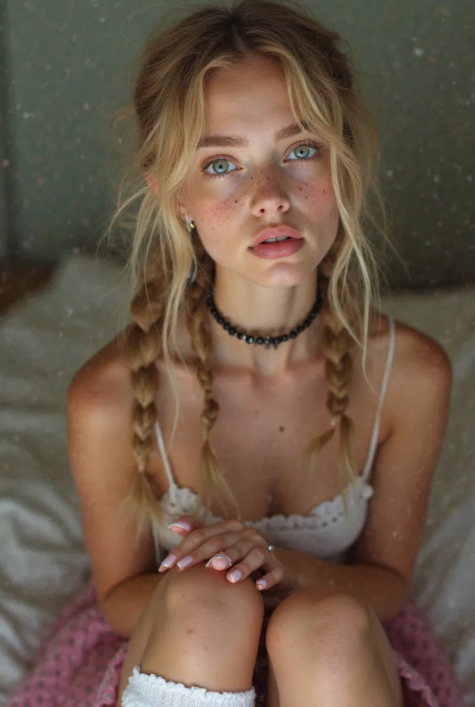 
sexy teen girl, braids, girl, beautiful, beautiful face, pale skin, freckles, blonde hair, water green eyes, lábios carnotdos e brilhantes, big lips, thick lips, parted lips, light pink gloss, skinny thighs, petite body, skinny, long pink nails, choker, L...