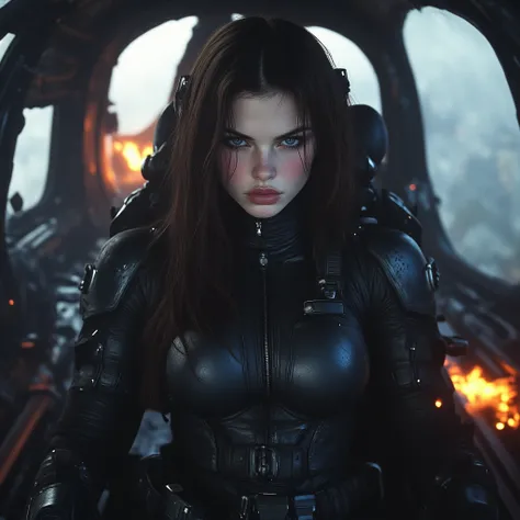 4k realistic photo, SELFIE beautiful 20-year-old Russian woman ,  long black hair ,blue eyes,   porcelain skin ,  glowing skin, soft lips. She has a tight BLACK MAFIA combat suit,  black belt. Holds a powerful submachine gun. He's in a moving helicopter. I...