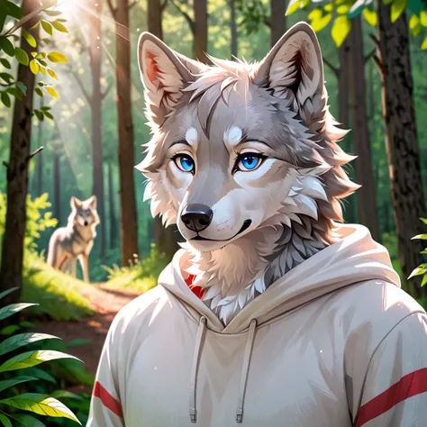 light grey white furre wolf, short hair, is wearing a white hoodie with red striped patterns, minimalist blue eyes!