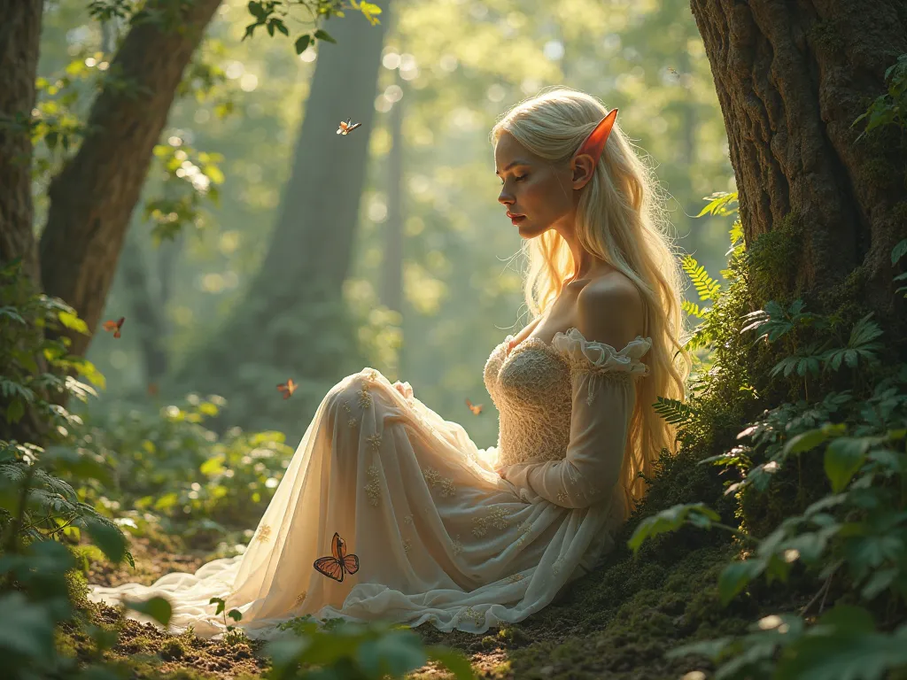 beautiful blonde elf girl, thin with very large breasts, 
sitting in the forest