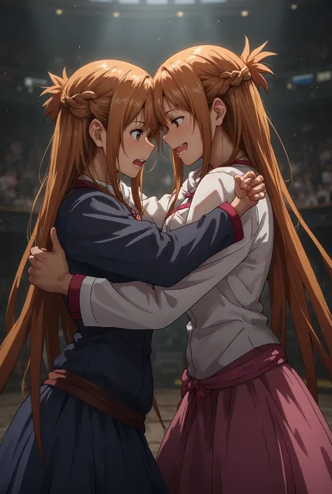  Asuna Yuuki wrestling against her doppelganger,  angry,  tired, sweating heavily 