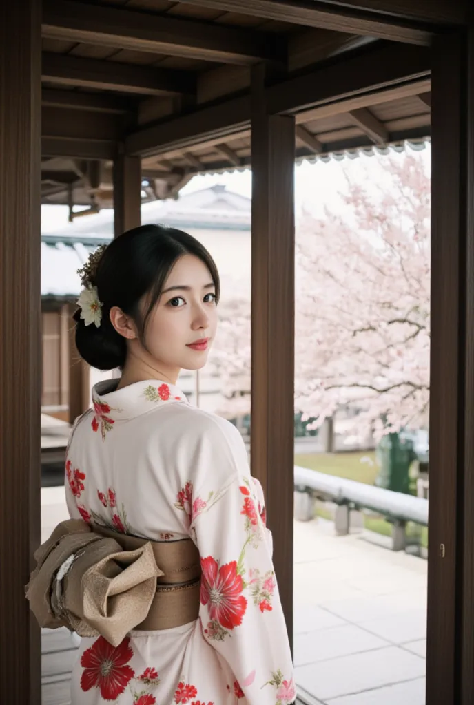 A beautifully composed illustration of a young woman dressed in a traditional white kimono adorned with vibrant red floral patterns. She stands in the doorway of a wooden veranda, glancing back with a gentle and serene expression. Her hair is styled elegan...