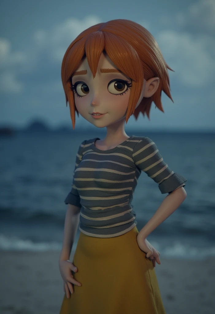 nami, 1girl, short hair, orange hair, solo, striped shirt, yellow skirt, looking at viewer, smile, brown eyes, upper body,hand on own hip,smile, score_9,beach,pirate ship score_8_up, score_7_up, score_6_up , use The color palette is a mix of muted blues an...