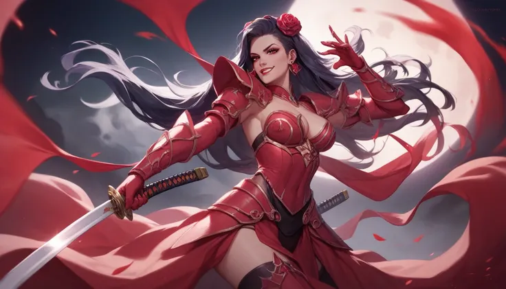 A stunning yet deadly female warrior with an alluring, seductive charm. She has long, flowing dark hair, piercing eyes that captivate yet intimidate, and a confident smirk. Dressed in a sleek, form-fitting black and crimson battle outfit with intricate arm...