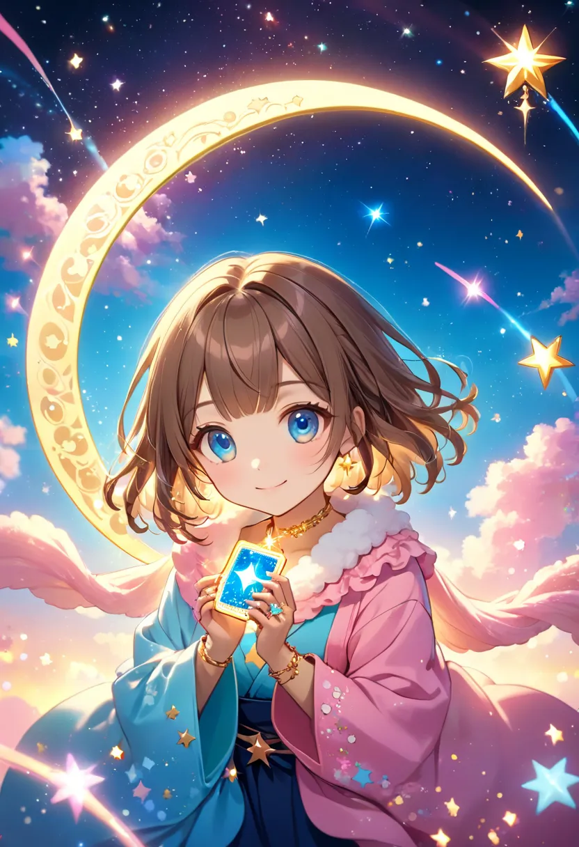 Chibi-Style, dreamy anime-style illustration, maintains a 3:1 head-to-body ratio, (peaceful and charming cute immature girl:1.3), (chestnut-colour soft brown hair styled in a slightly wavy bob cut:1.3), (Her hair has warm, golden highlights that catch the ...