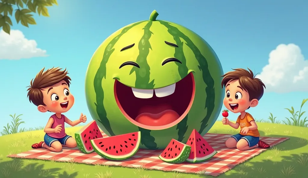 A large, smiling watermelon with a bright green rind and juicy red inside with black seeds. ren surround the watermelon, laughing and enjoying slices. The scene is a sunny picnic setting with grass, blue sky, and a fun, happy atmosphere."