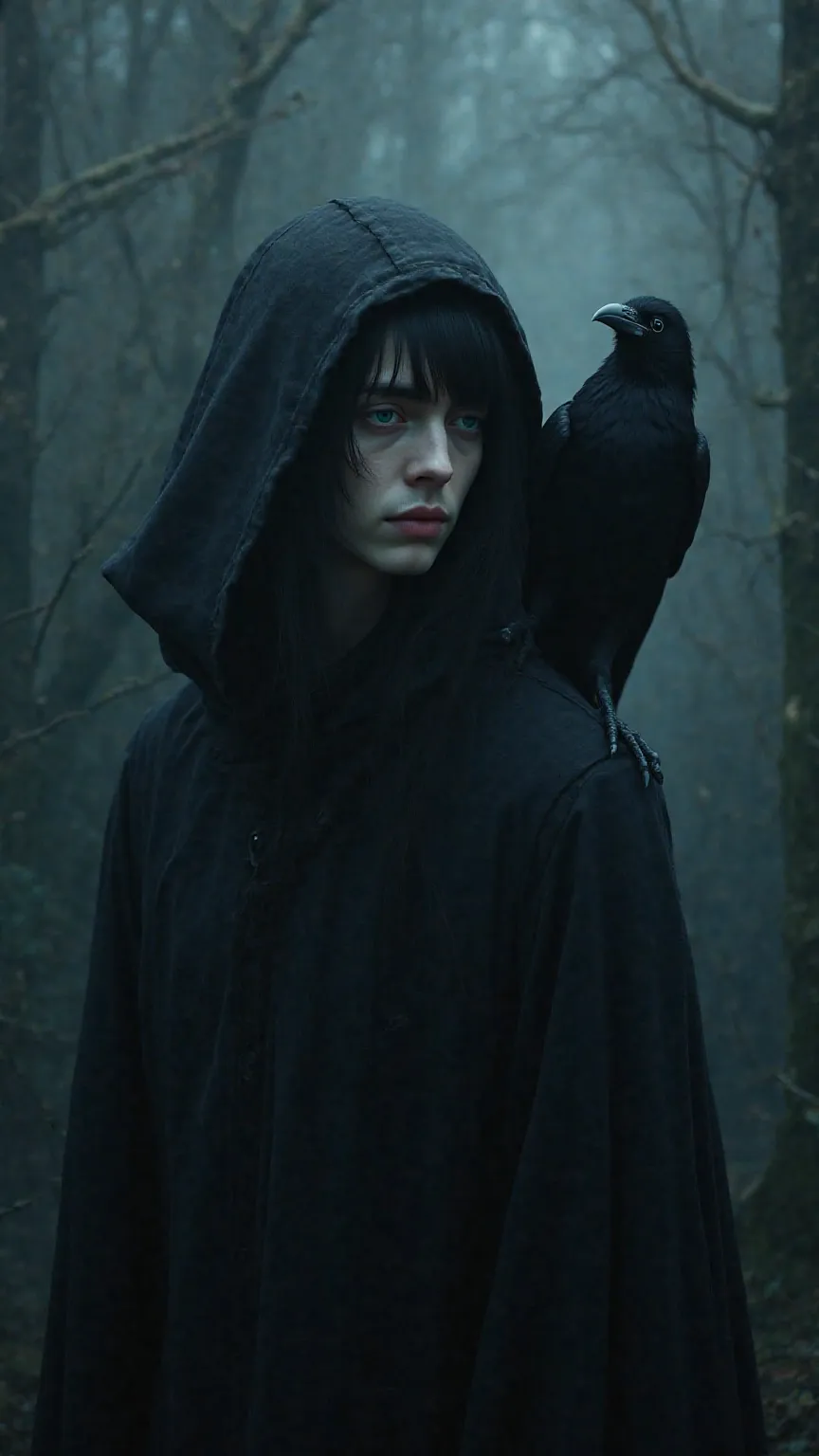 A black crow landed on the man's shoulder.The man is wearing a hood. detailed and distinct background. pale dark colors. gloomy atmosphere. High Resolution, Masterpiece, Accurate, Award Winning, UHD, Textured Skin, Super Detailed, Retina, High Quality, 8K ...