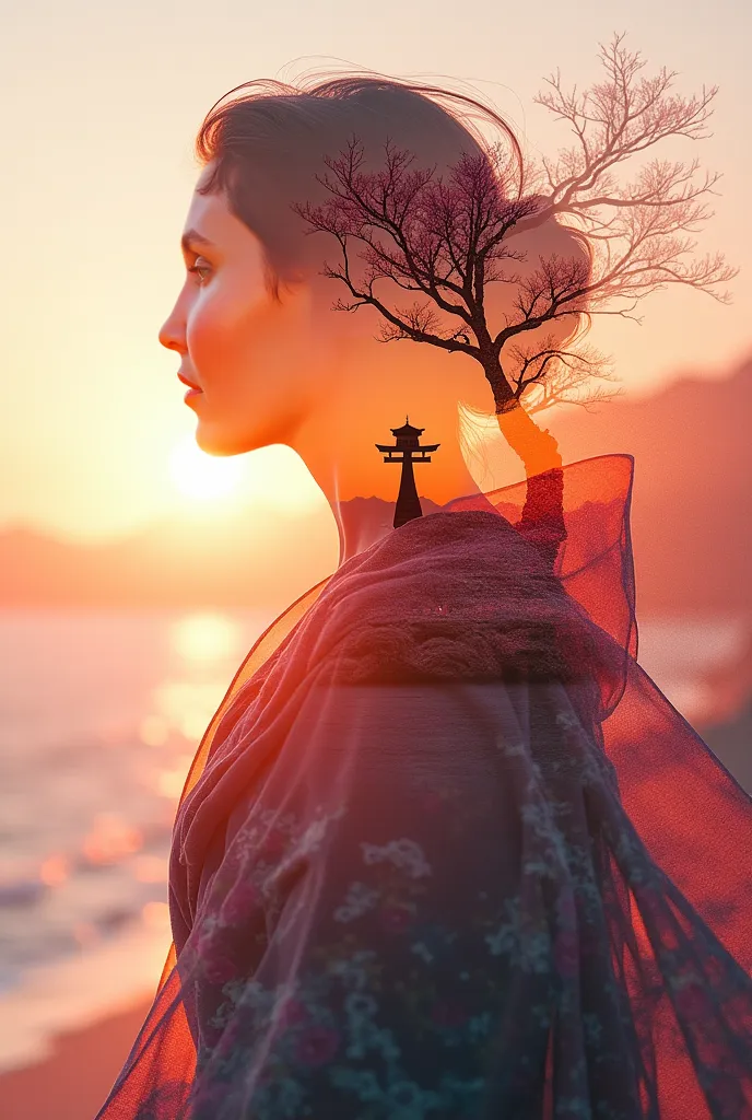 high quality, 8K Ultra HD, A beautiful double exposure that combines an goddess silhouette with sunset coast, sunset coast should serve as the underlying backdrop, with its details incorporated into the goddess , crisp lines, The background is monochrome, ...