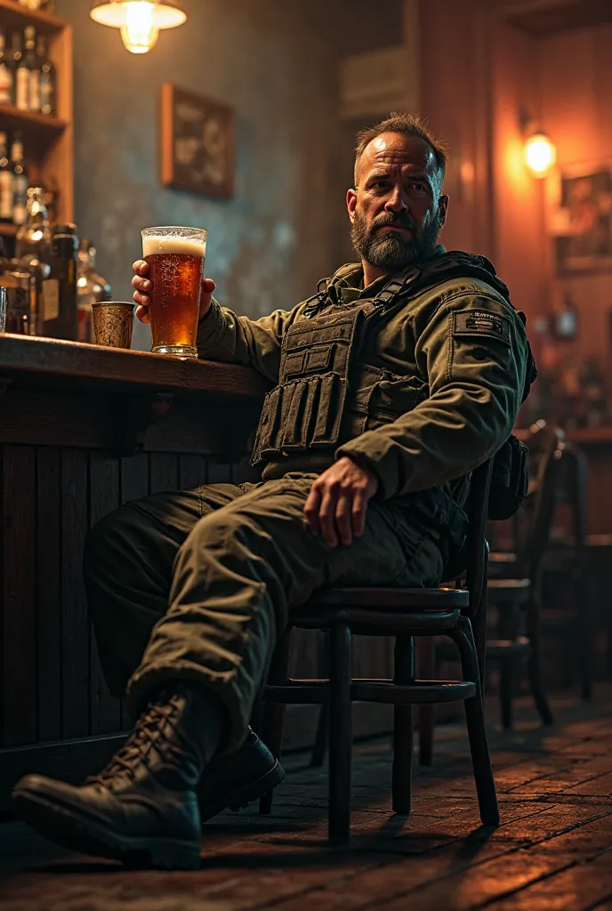 Tactical Operational Kit Open Man Walks Lying Down in Chair Drinking Beer The Bar Cara Serio