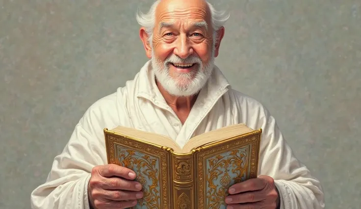 an image of a large book with white and gold covers, in the hands of an old man with a face let's cheer them up loving and youthful, The old man's white and shining garments 