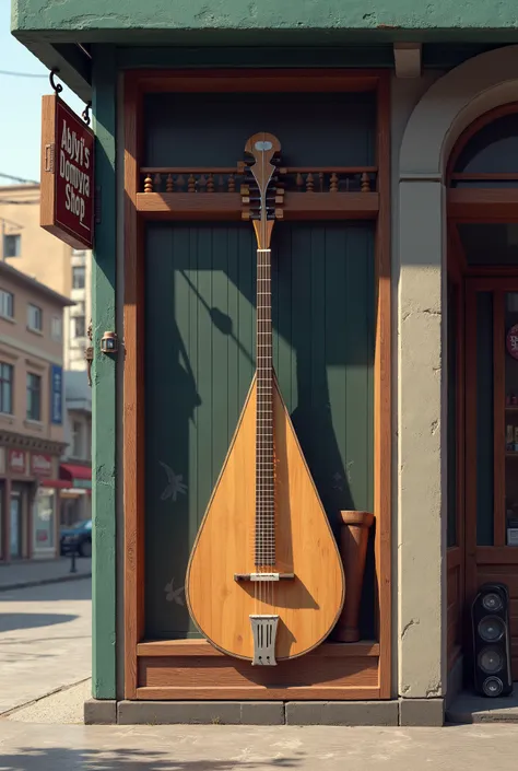 Exactly the same picture as 1, but instead of a guitar, there should be dombyra. А вывеска Abylay’s Dombyra Shop. The second picture of how a dombra should be 