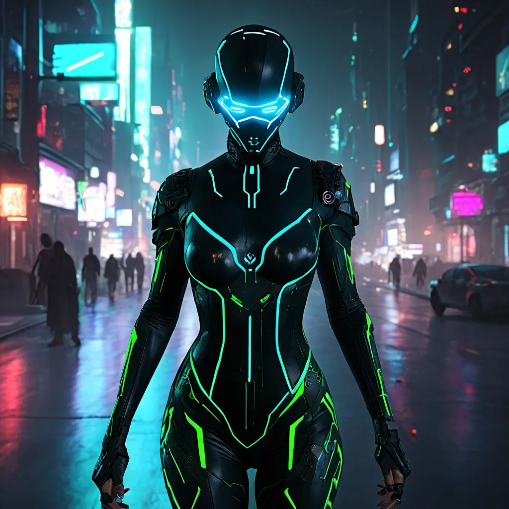 A shadowy cybernetic assassin with a sleek, futuristic bodysuit that blends into the neon cityscape. His face is hidden beneath a glitching digital mask, and he holds twin plasma daggers that flicker in and out of existence. Stealth cyberpunk, ultra-detail...