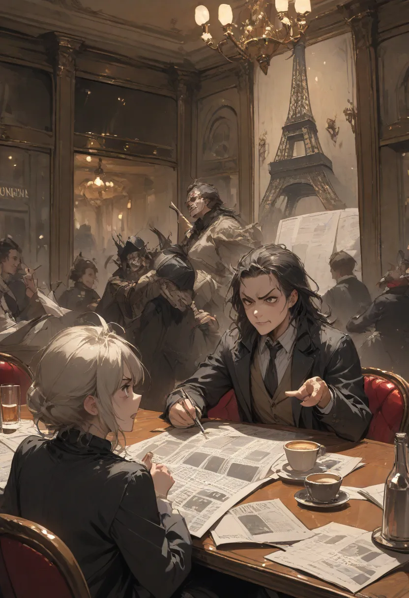 A group of angry artists, writers, and aristocrats in an elegant Parisian café, discussing their hatred for the Eiffel Tower. One of them gestures dramatically toward a newspaper with a sketch of the tower labeled as “monstrous.”