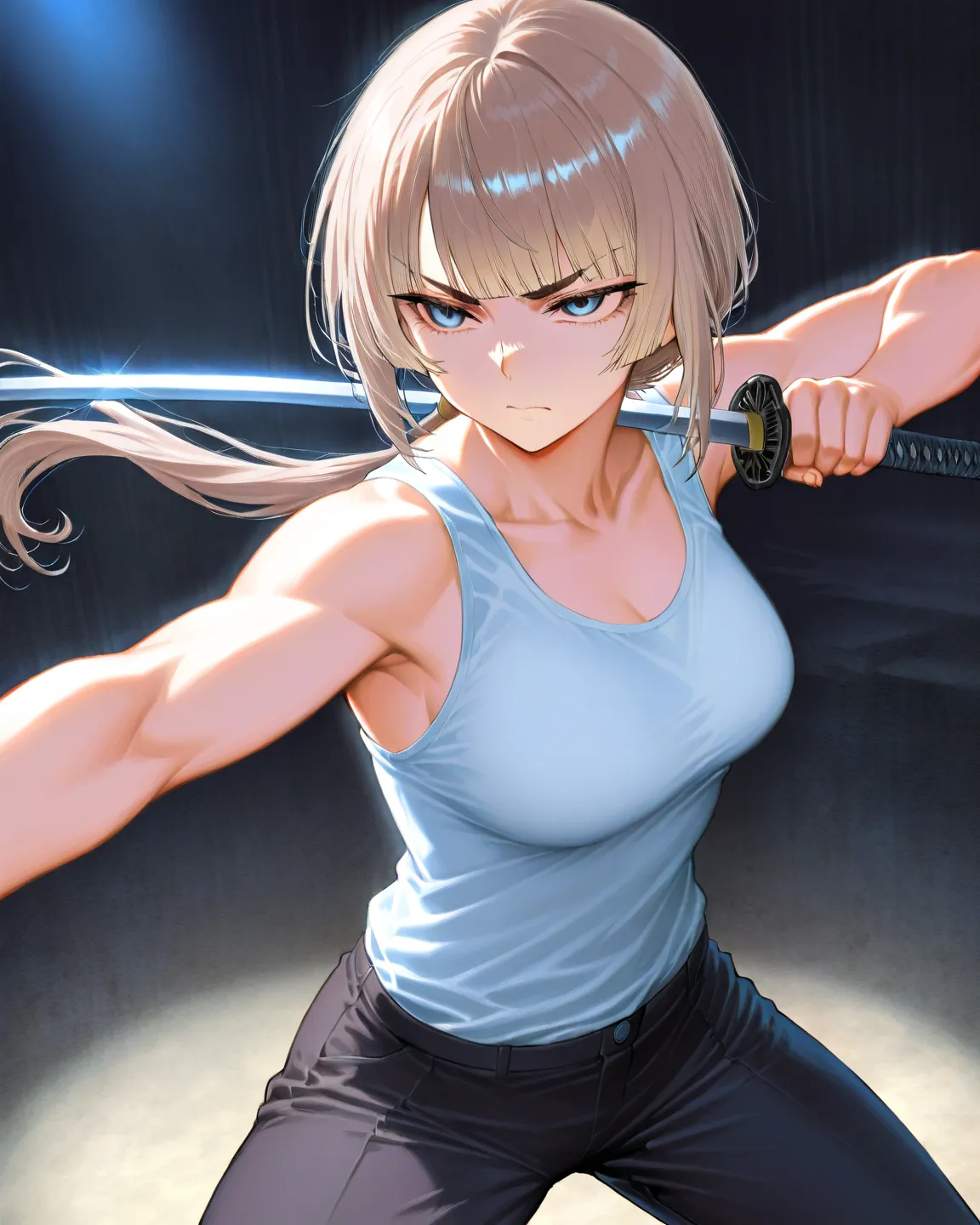 Light brown hair, white tank top, orange eye, serious face, cynical eyes, slightly thick bangs, medium breast size, black pants, low ponytail, adult female, Katana sword, attack pose