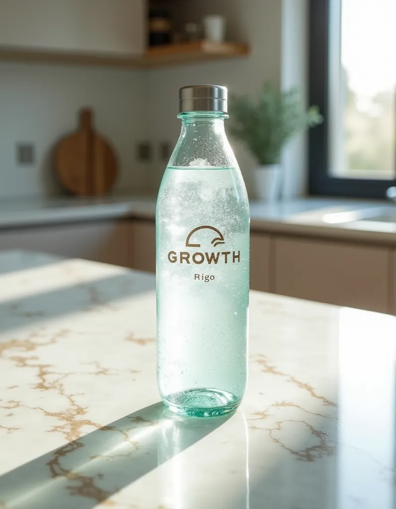  Here is a detailed prompt for generating the image :  

*"A transparent water bottle from the brand Growth, filled with icy water, on a white marble table with shades of light brown and green. The marble surface is roughly worked, with natural veins and a...