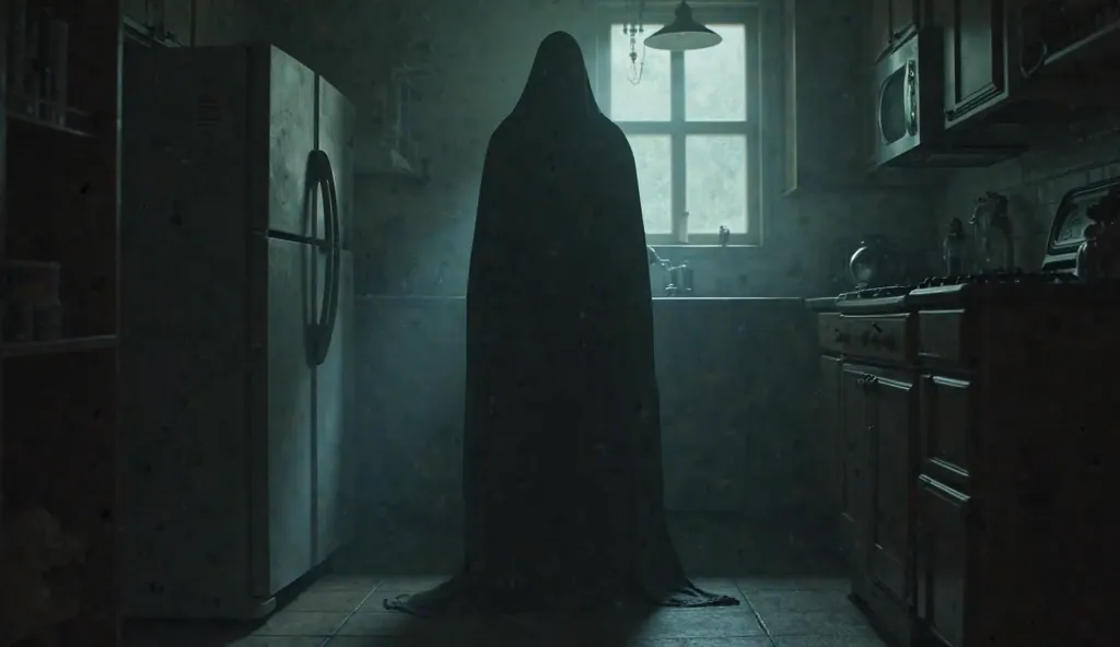 A shadowy figure standing in the kitchen, barely visible, with dim light from the fridge.