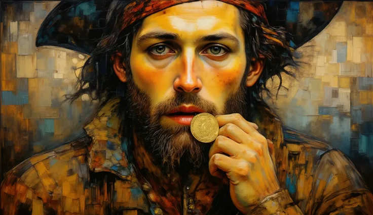 an oil painting of a weathered pirate biting a gold coin in close-up by Claude Monet, impressionistic brushstrokes capturing the tension in his face, golden-hour color temperature, dappled light accentuating the metallic sheen of the coin, atmospheric with...