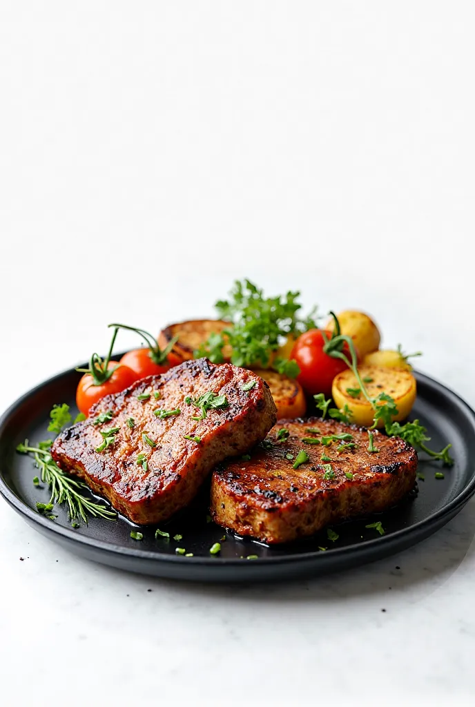 png fried steaks with vegetables in a black plate on a white background are on the table